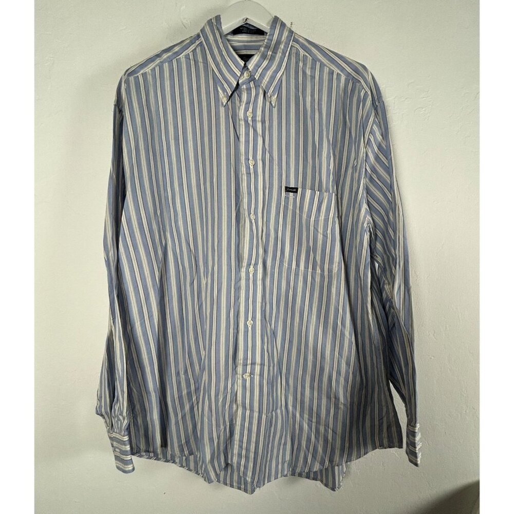 Faconnable Mens XL Blue & White Striped Button-Down Shirt 100% Cotton Pocket USA